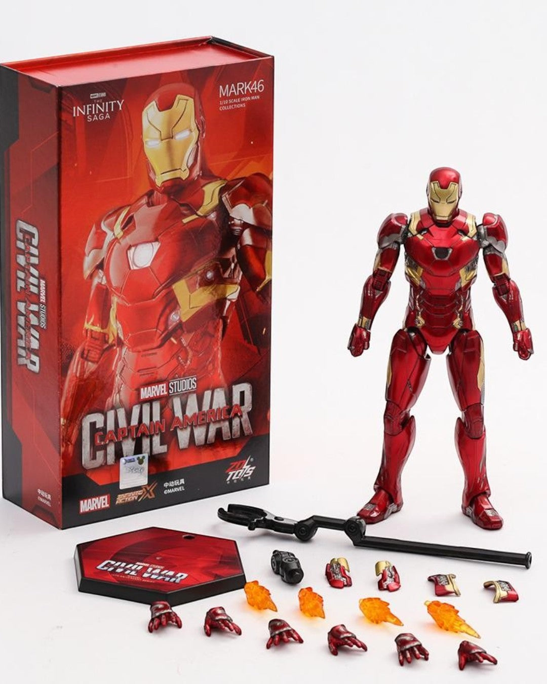 VaultifyUK ZD Toys Iron Man Mark 46 1/10 scale action figure with red and gold armor, display stand, and accessories.