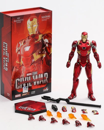 VaultifyUK ZD Toys Iron Man Mark 46 1/10 scale action figure with red and gold armor, display stand, and accessories.