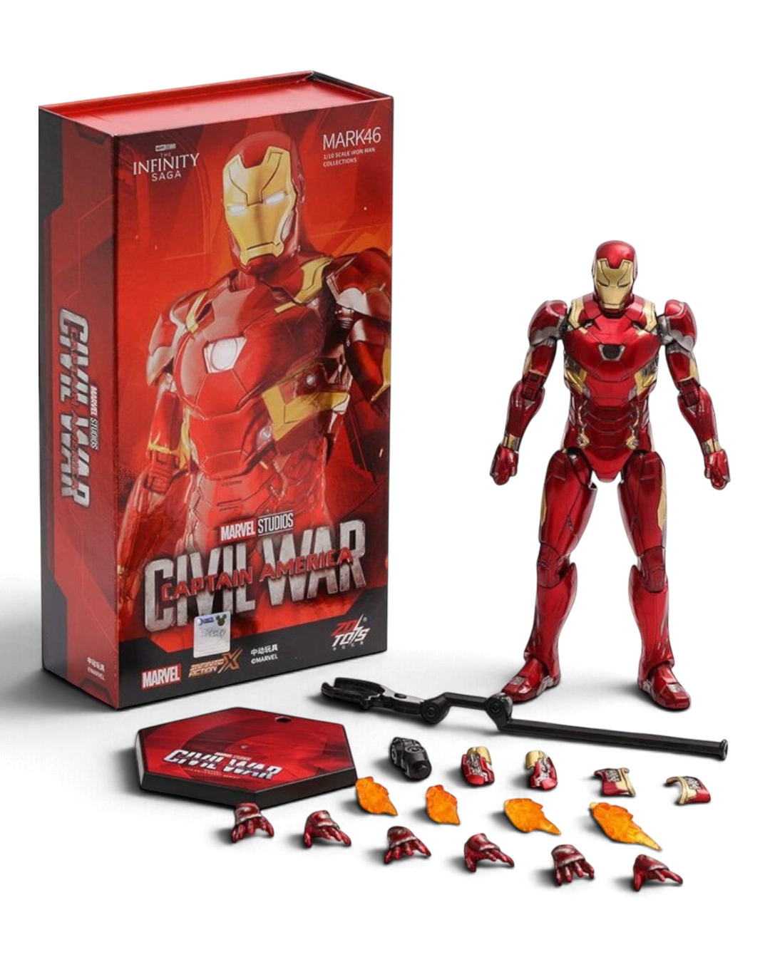 VaultifyUK ZD Toys Iron Man Mark 46 1/10 scale action figure with red and gold armor, display stand, and accessories.