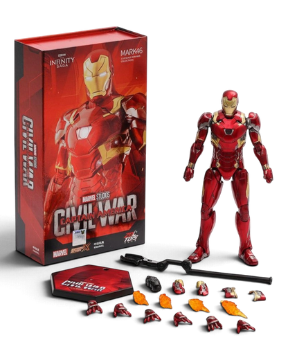 VaultifyUK ZD Toys Iron Man Mark 46 1/10 scale action figure with red and gold armor, display stand, and accessories.