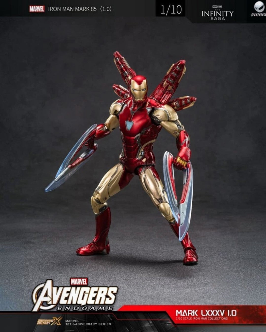 VaultifyUK Iron Man Mark 85 1/10 scale action figure in metallic red and gold armor with nano blades and back wings