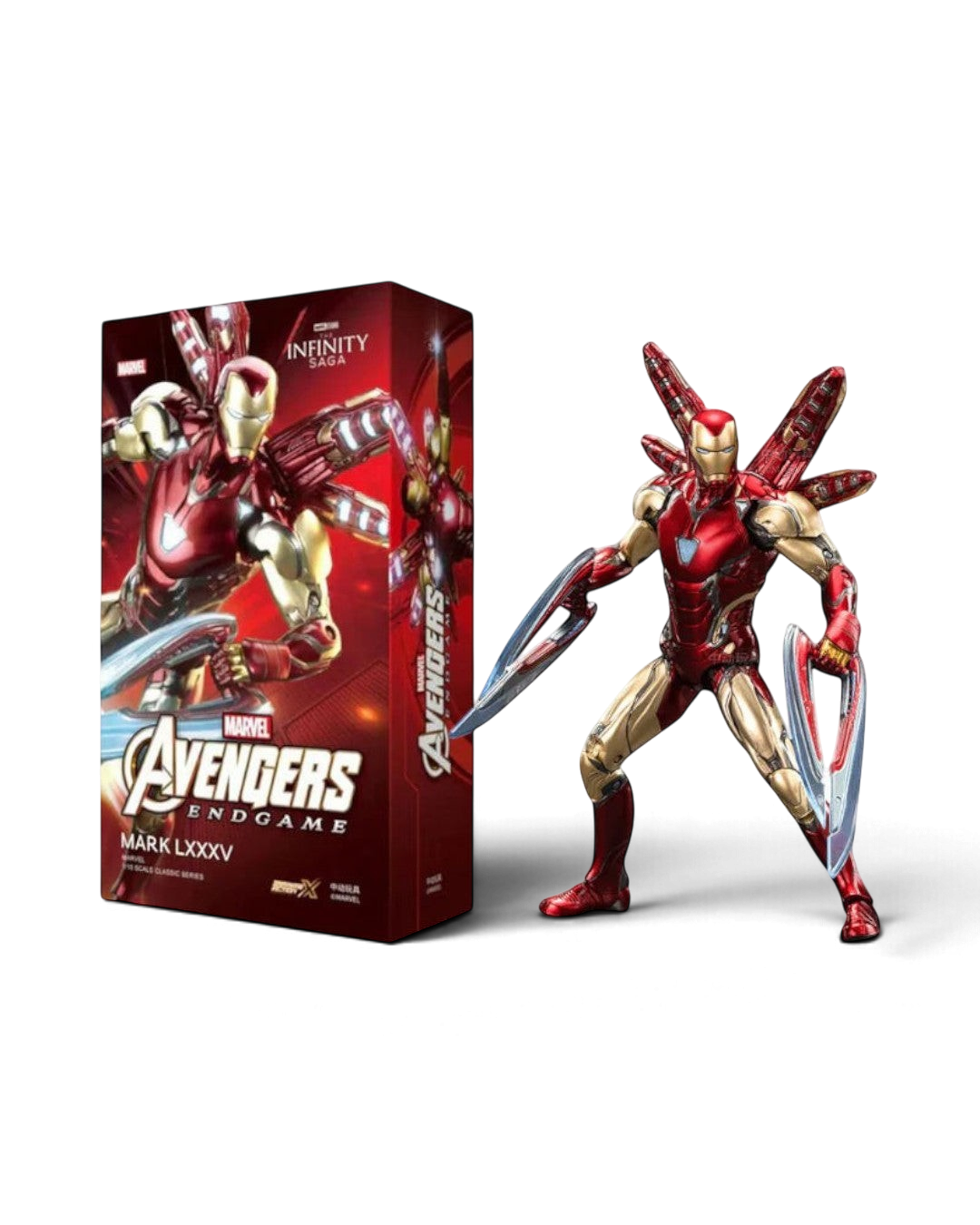 VaultifyUK Iron Man Mark 85 1/10 scale action figure with nano wings and blades next to its Avengers Endgame collector box