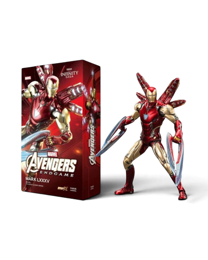 VaultifyUK Iron Man Mark 85 1/10 scale action figure with nano wings and blades next to its Avengers Endgame collector box