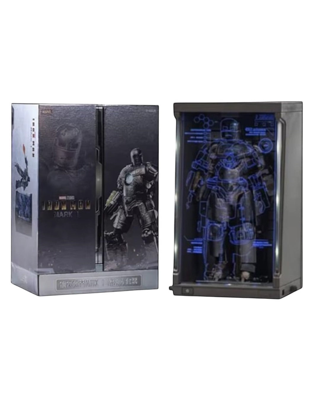 VaultifyUK ZD Toys Iron Man Mark I 1/10 scale figure with illuminated Hall of Armor display case and schematic overlay