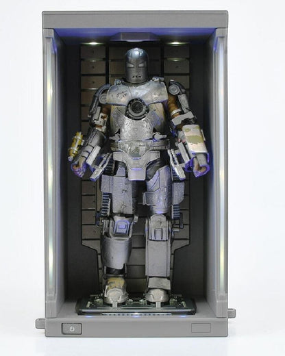 VaultifyUK ZD Toys Iron Man Mark I 1/10 scale figure in an illuminated grey Hall of Armor display case