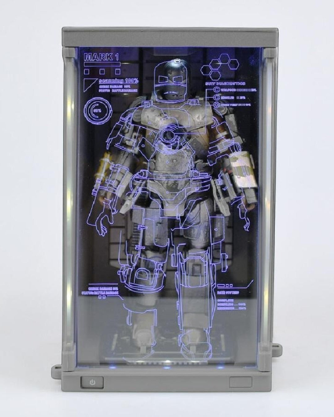 VaultifyUK Iron Man Mark I 1/10 scale figure in a blue illuminated Hall of Armor display case with technical overlay