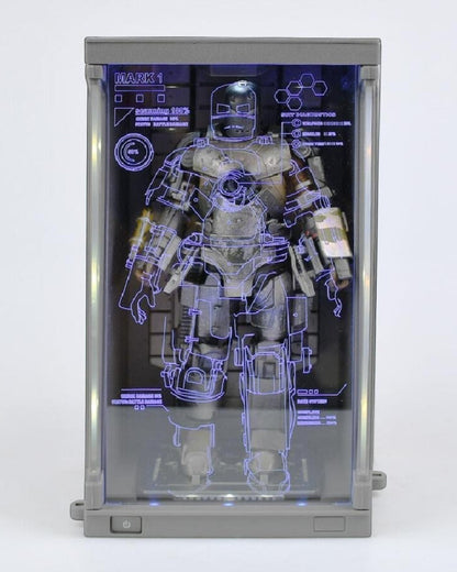 VaultifyUK Iron Man Mark I 1/10 scale figure in a blue illuminated Hall of Armor display case with technical overlay