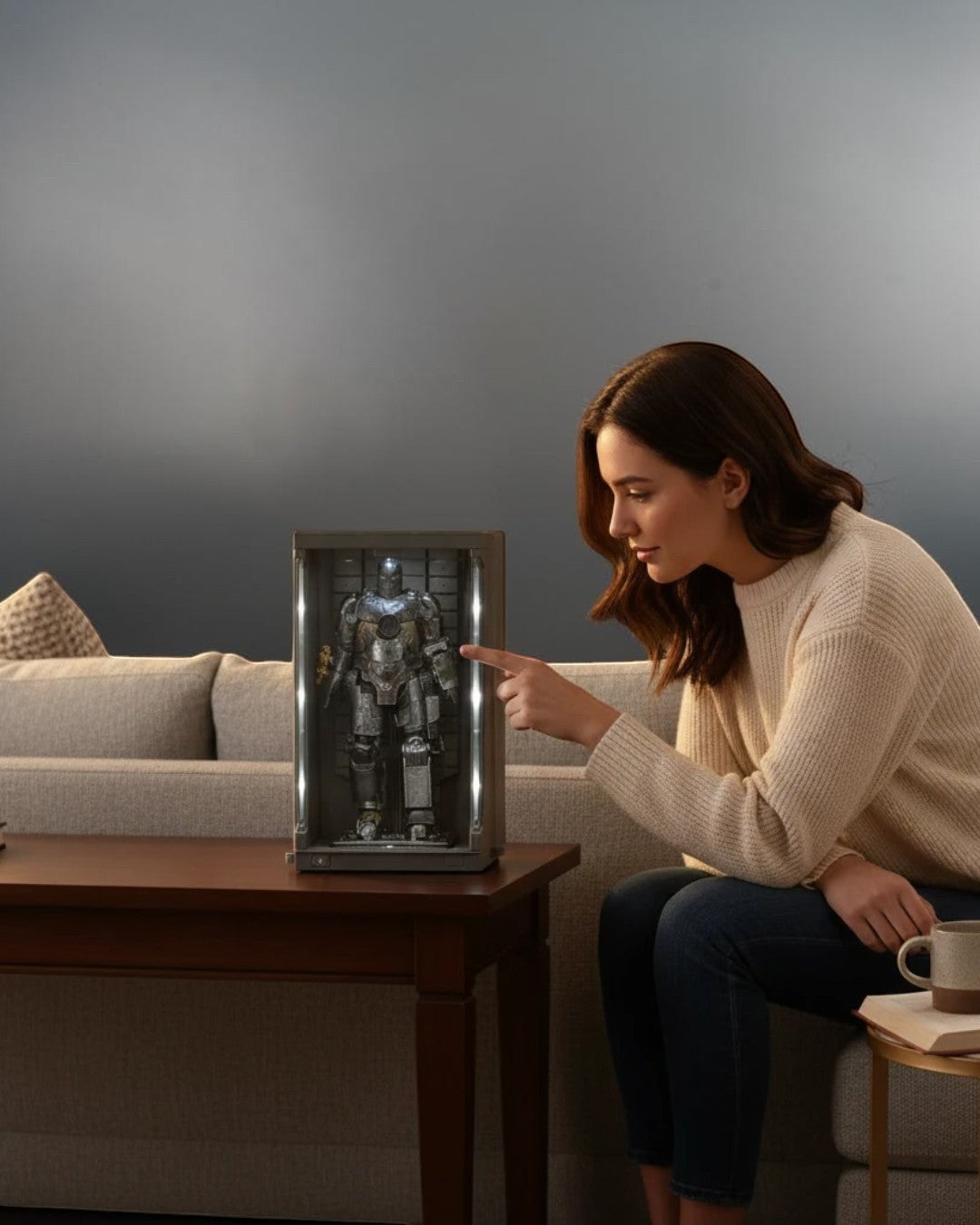 VaultifyUK Iron Man Mark I 1/10 scale figure in an illuminated Hall of Armor display, viewed by a woman in a living room