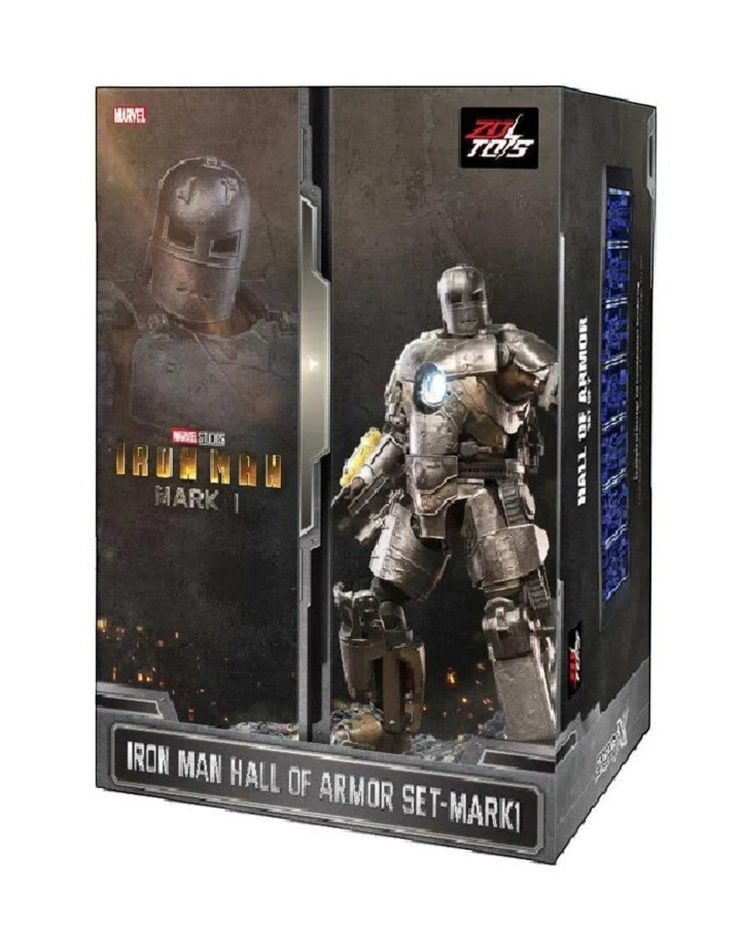 VaultifyUK ZD Toys Iron Man Mark I 1/10 scale figure with illuminated Hall of Armor display box in packaging