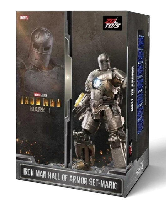 VaultifyUK ZD Toys Iron Man Mark I 1/10 scale figure with illuminated Hall of Armor display box in packaging
