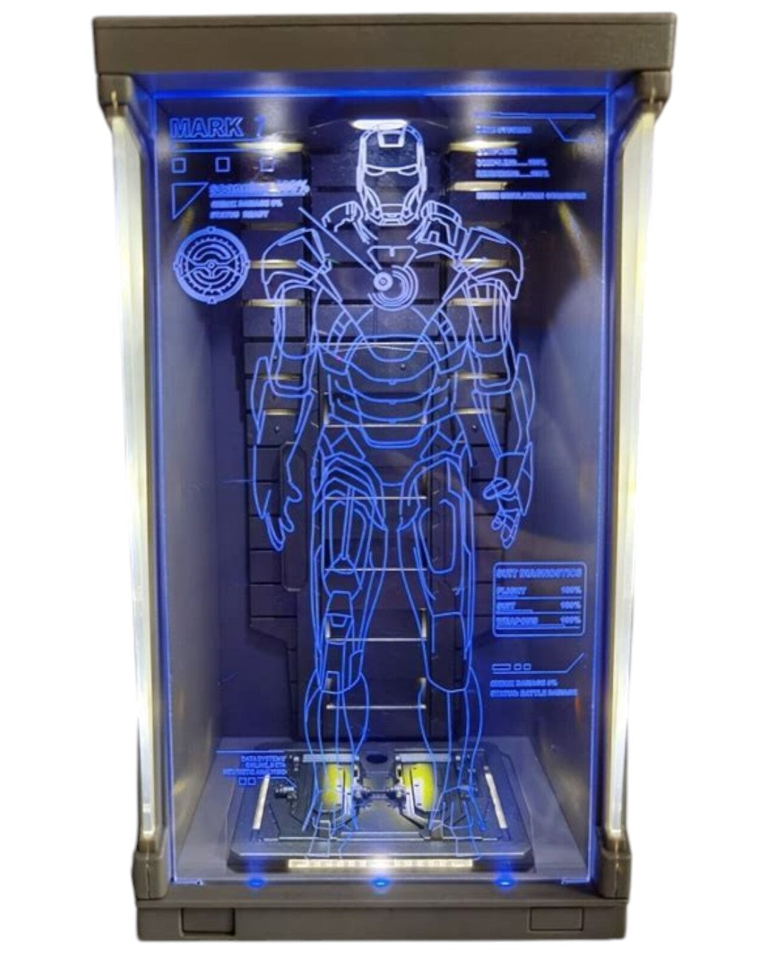 VaultifyUK Iron Man Mark VII 1/10 scale figure in an illuminated blue Hall of Armor display case with schematic overlay