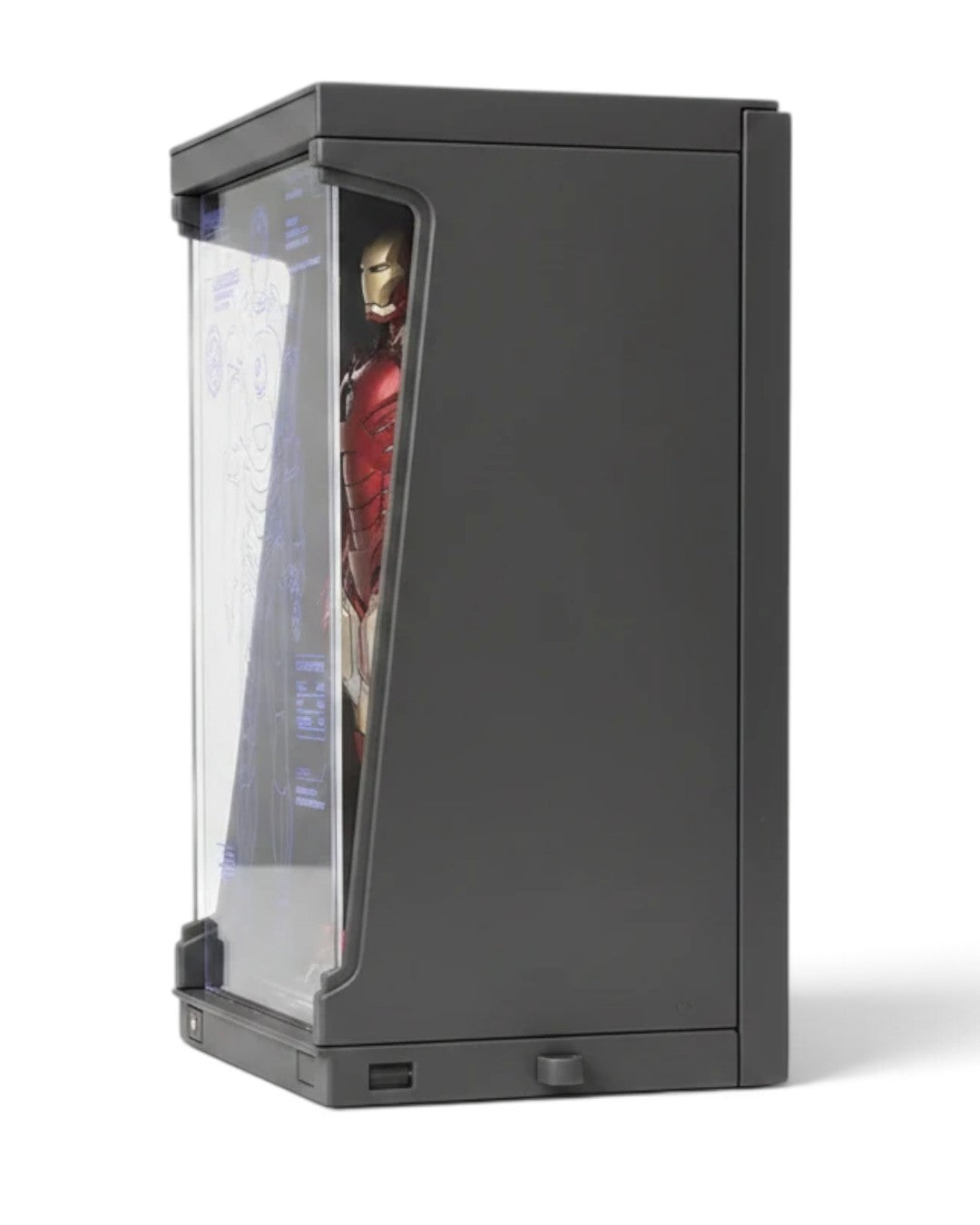 VaultifyUK ZD Toys Iron Man Mark VII figure in a blue-lit Hall of Armor display case with a technical overlay panel.
