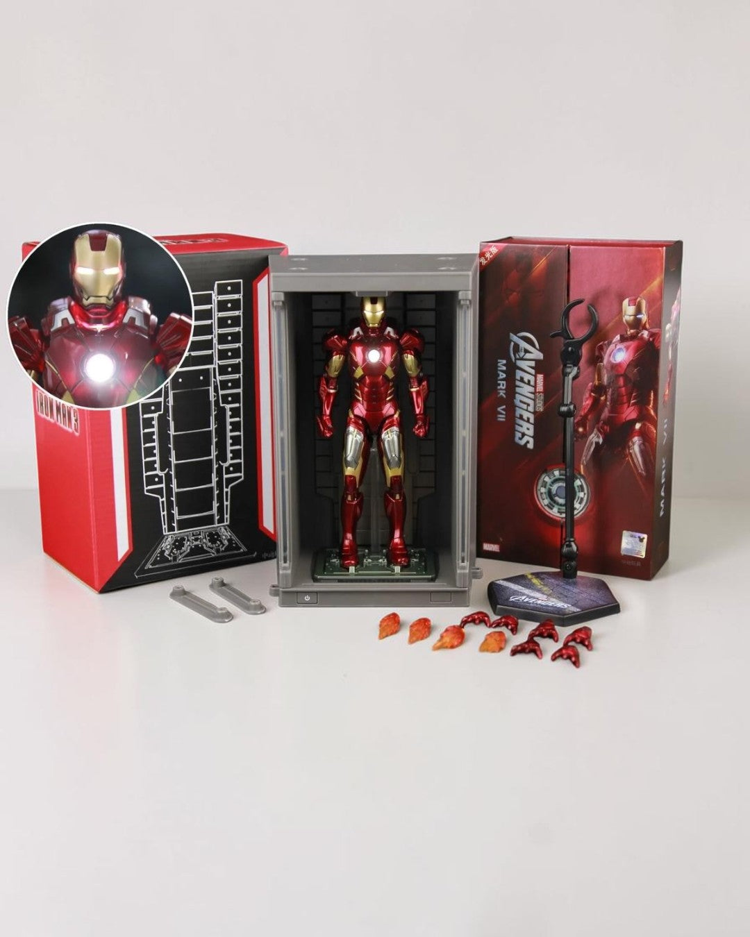 VaultifyUK ZD Toys Iron Man Mark VII 1/10 scale figure in an illuminated Hall of Armor display case with accessories.