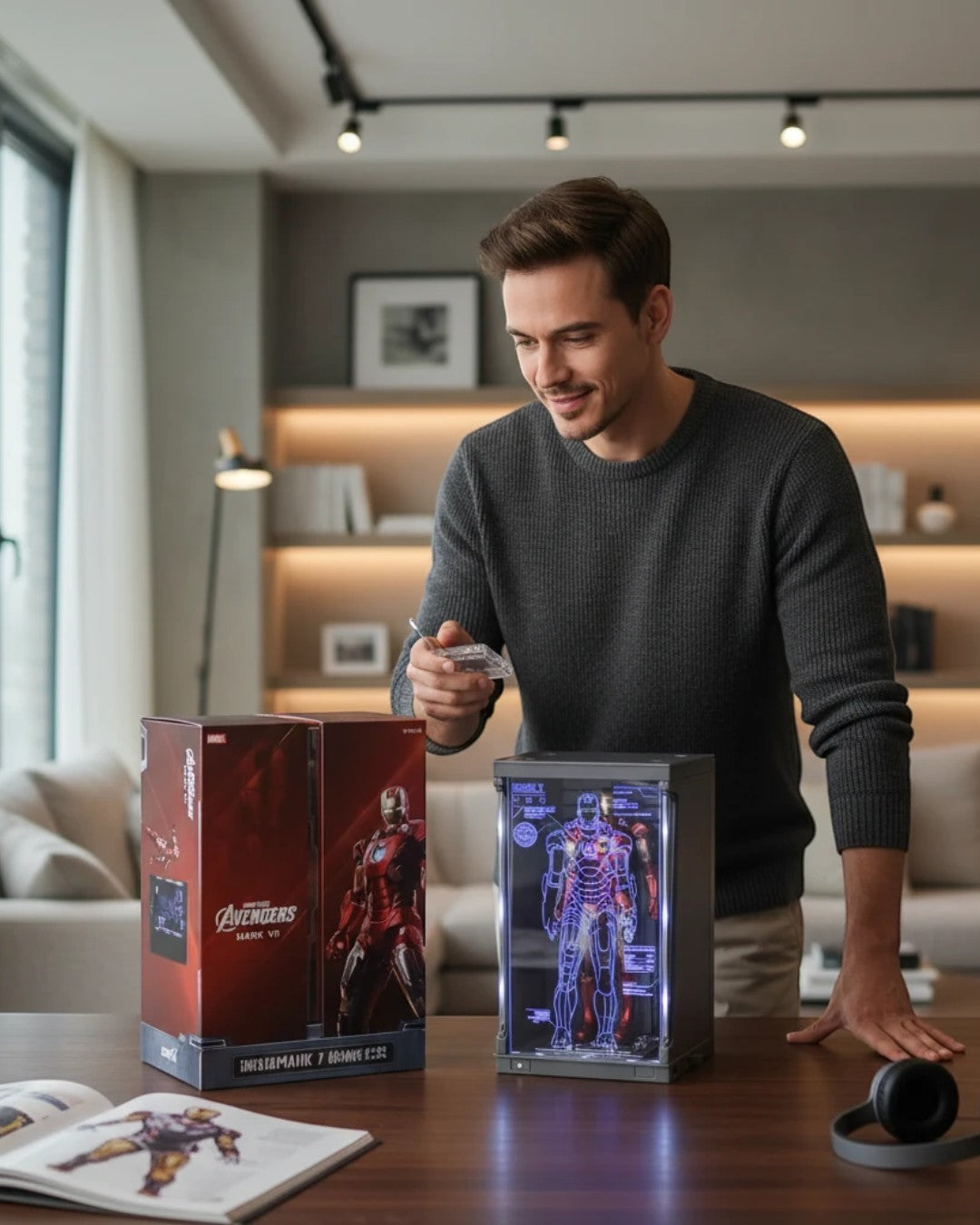 VaultifyUK ZD Toys Iron Man Mark VII 1/10 scale figure with illuminated Hall of Armor display case on a wooden table.