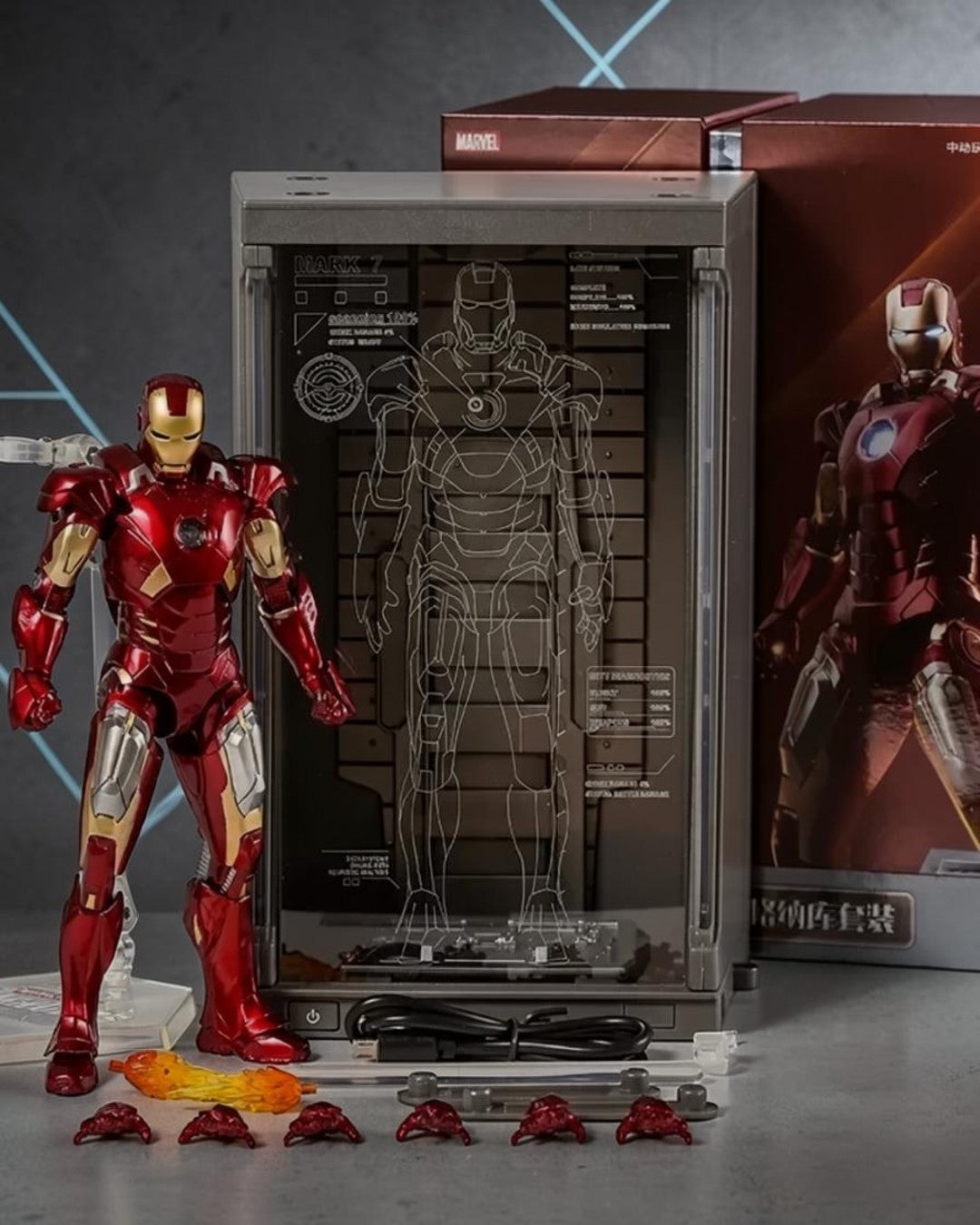 VaultifyUK ZD Toys Iron Man Mark VII 1/10 scale action figure with illuminated Hall of Armor display case and panel
