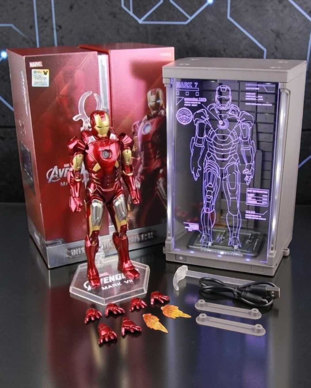 VaultifyUK ZD Toys Iron Man Mark VII 1/10 scale figure with illuminated Hall of Armor display case and accessories