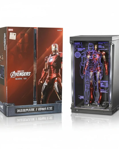 VaultifyUK ZD Toys Iron Man Mark VII 1/10 scale figure in an illuminated Hall of Armor display case with schematic