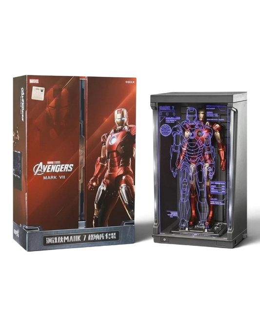 VaultifyUK ZD Toys Iron Man Mark VII 1/10 scale figure in an illuminated Hall of Armor display case with schematic