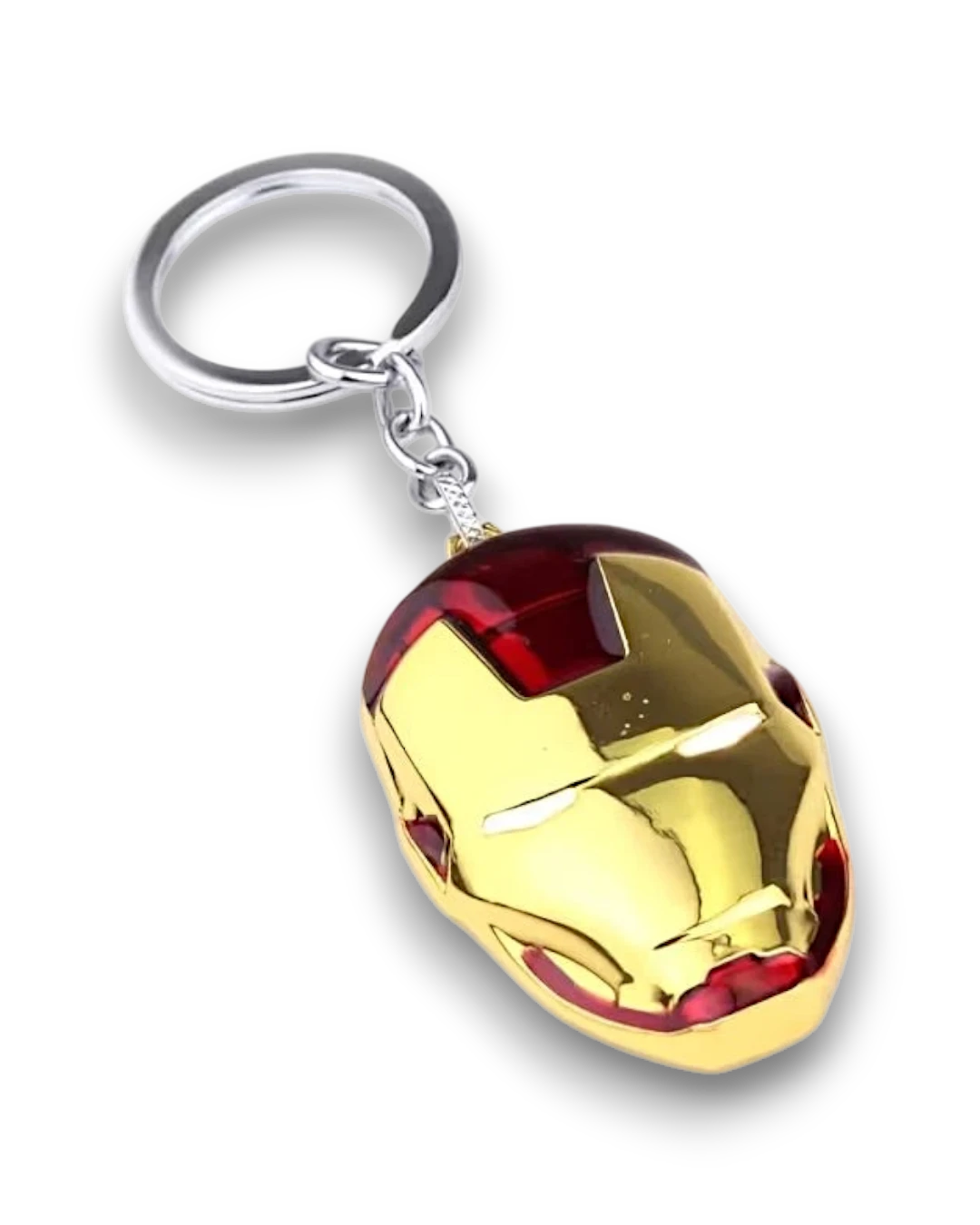 VaultifyUK Marvel Avengers Iron Man helmet metal keychain with a polished gold and red finish on a silver keyring