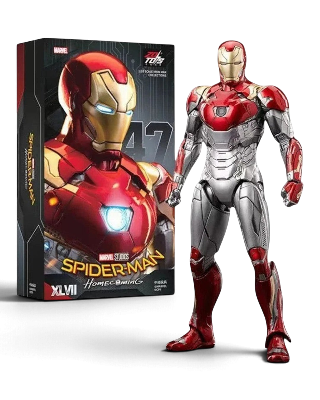 VaultifyUK ZD Toys Iron Man MK47 1/10 scale action figure in red and silver armour with collector box packaging