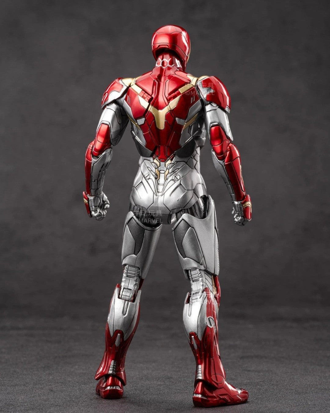 VaultifyUK Iron Man MK47 1/10 scale action figure in red and silver armour, back view showing detailed mechanical design