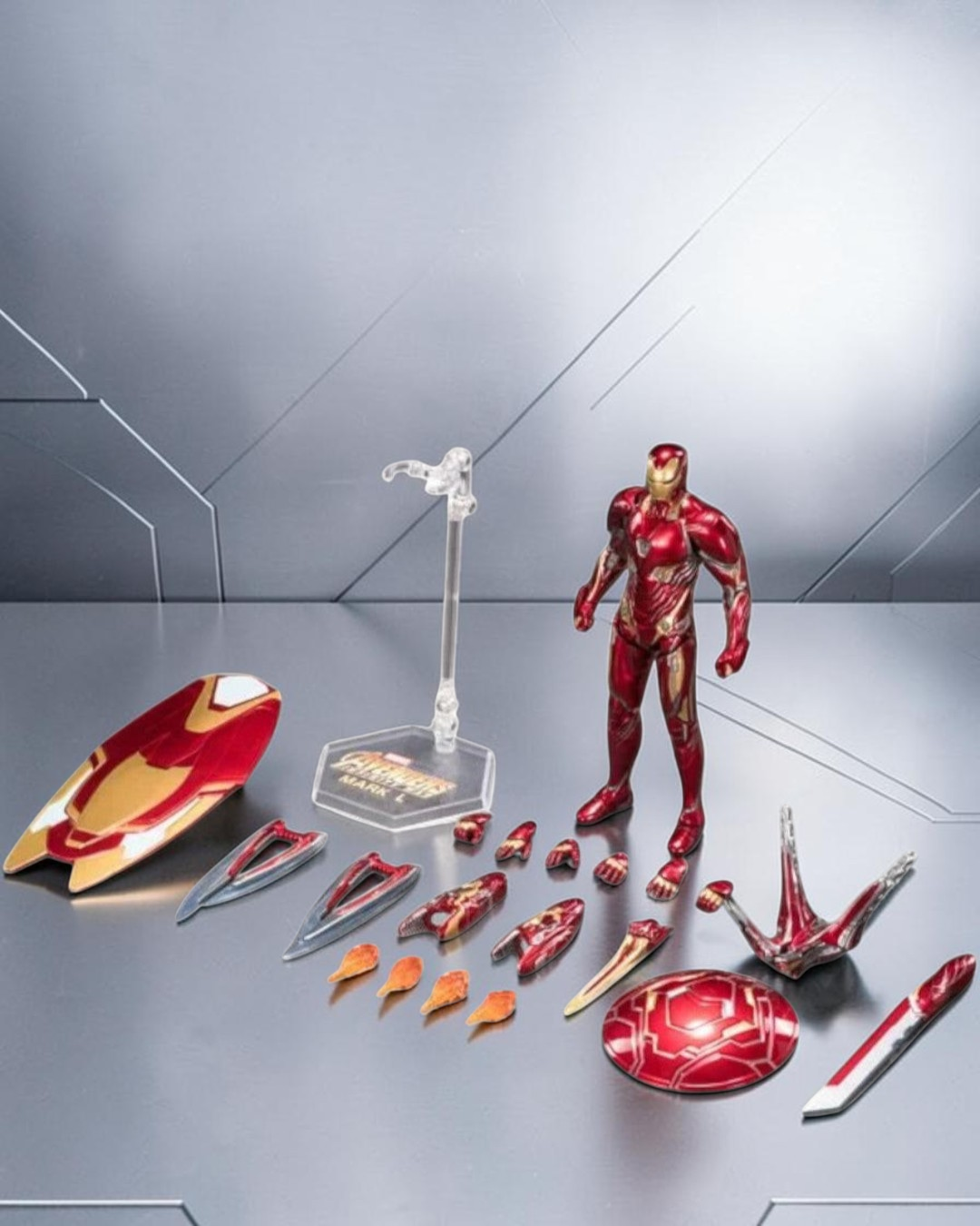 VaultifyUK ZD Toys Iron Man MK50 1/10 scale action figure with metallic red and gold armor and nano-weapon accessories.