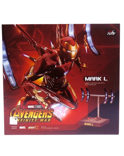 VaultifyUK ZD Toys Iron Man MK50 figure with floating cannon scene set in metallic red and gold packaging