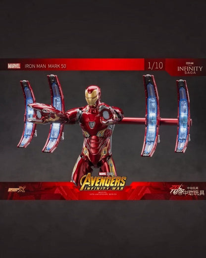 VaultifyUK 1/10 scale Iron Man MK50 figure with metallic red and gold armor and floating drone cannons from Infinity War