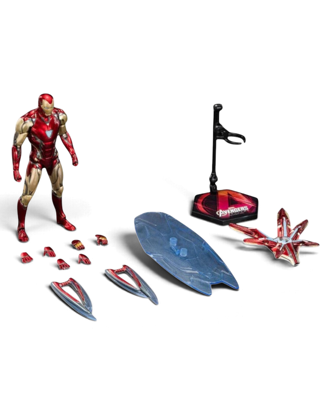 VaultifyUK Iron Man MK85 1/10 scale action figure with metallic red and gold armor, energy shield, and accessories.