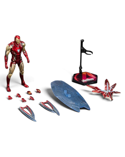 VaultifyUK Iron Man MK85 1/10 scale action figure with metallic red and gold armor, energy shield, and accessories.