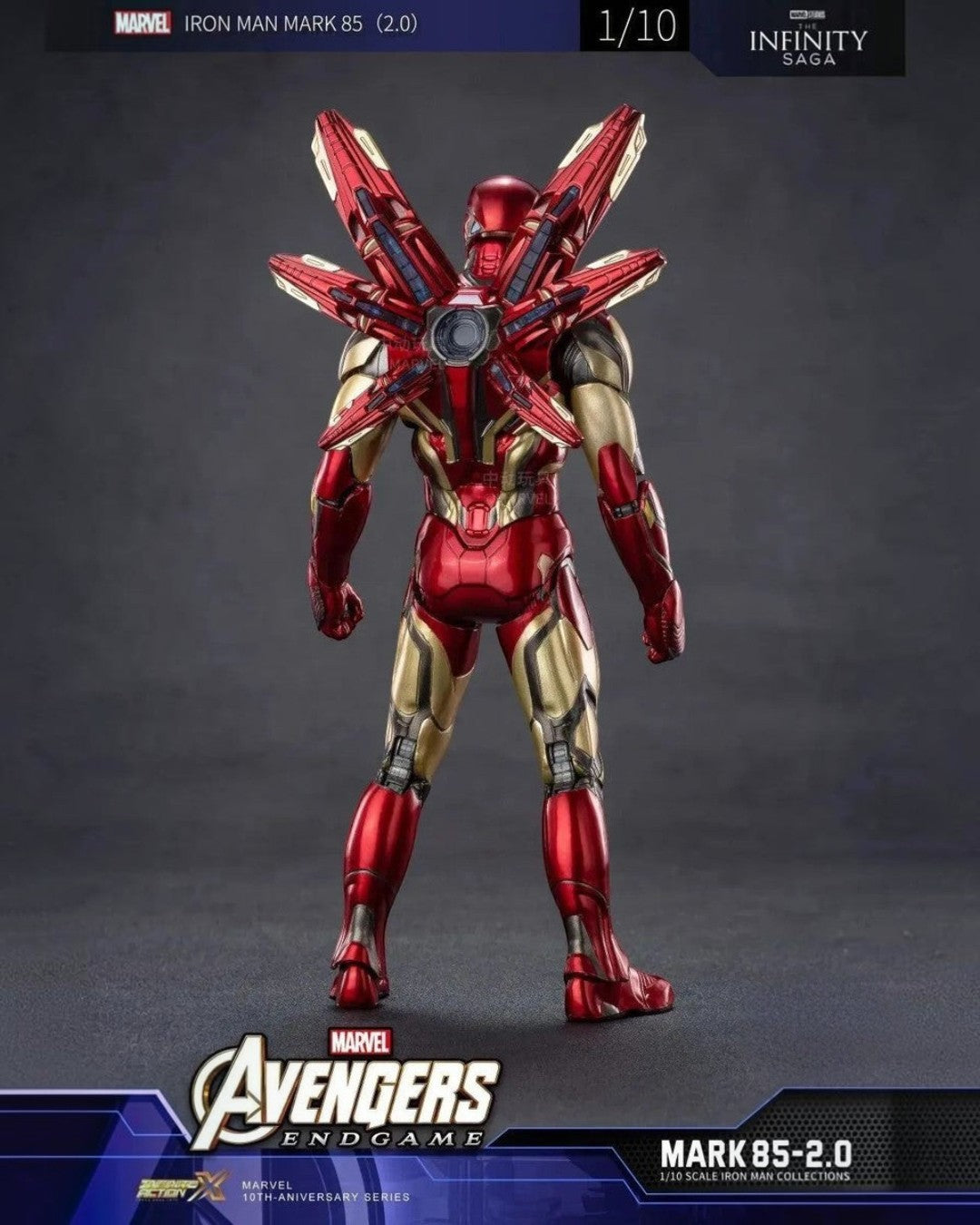 VaultifyUK Iron Man MK85 2.0 1/10 scale figure showing the metallic red and gold nanotech armour from the back.
