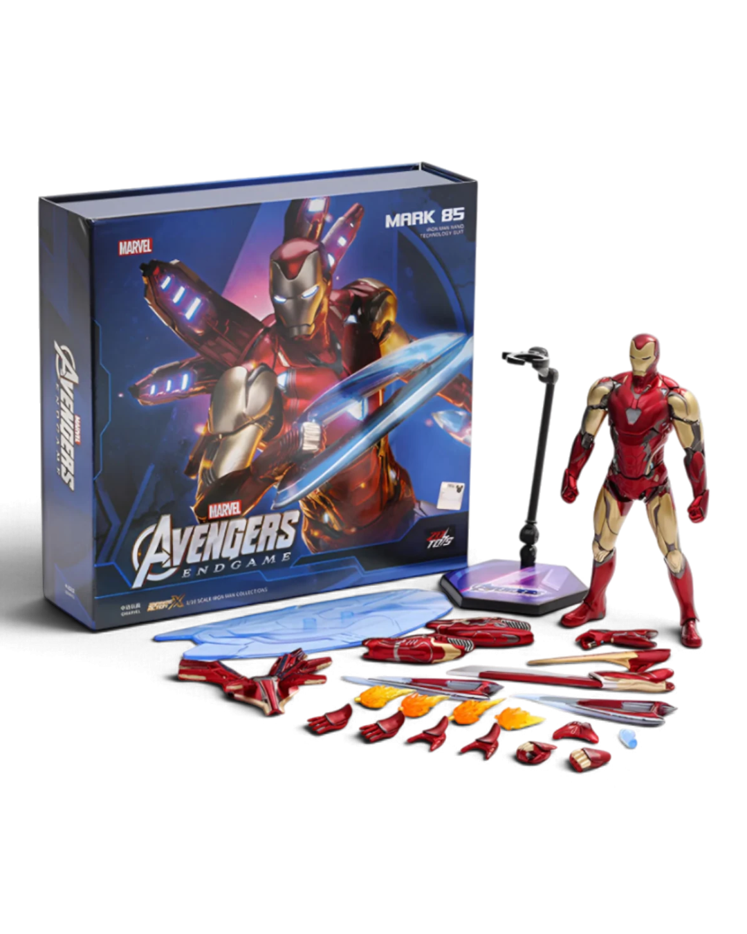 VaultifyUK ZD Toys Iron Man MK85 2.0 figure with LED light-up features, energy blades, and display accessories.
