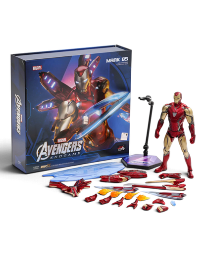 VaultifyUK ZD Toys Iron Man MK85 2.0 figure with LED light-up features, energy blades, and display accessories.
