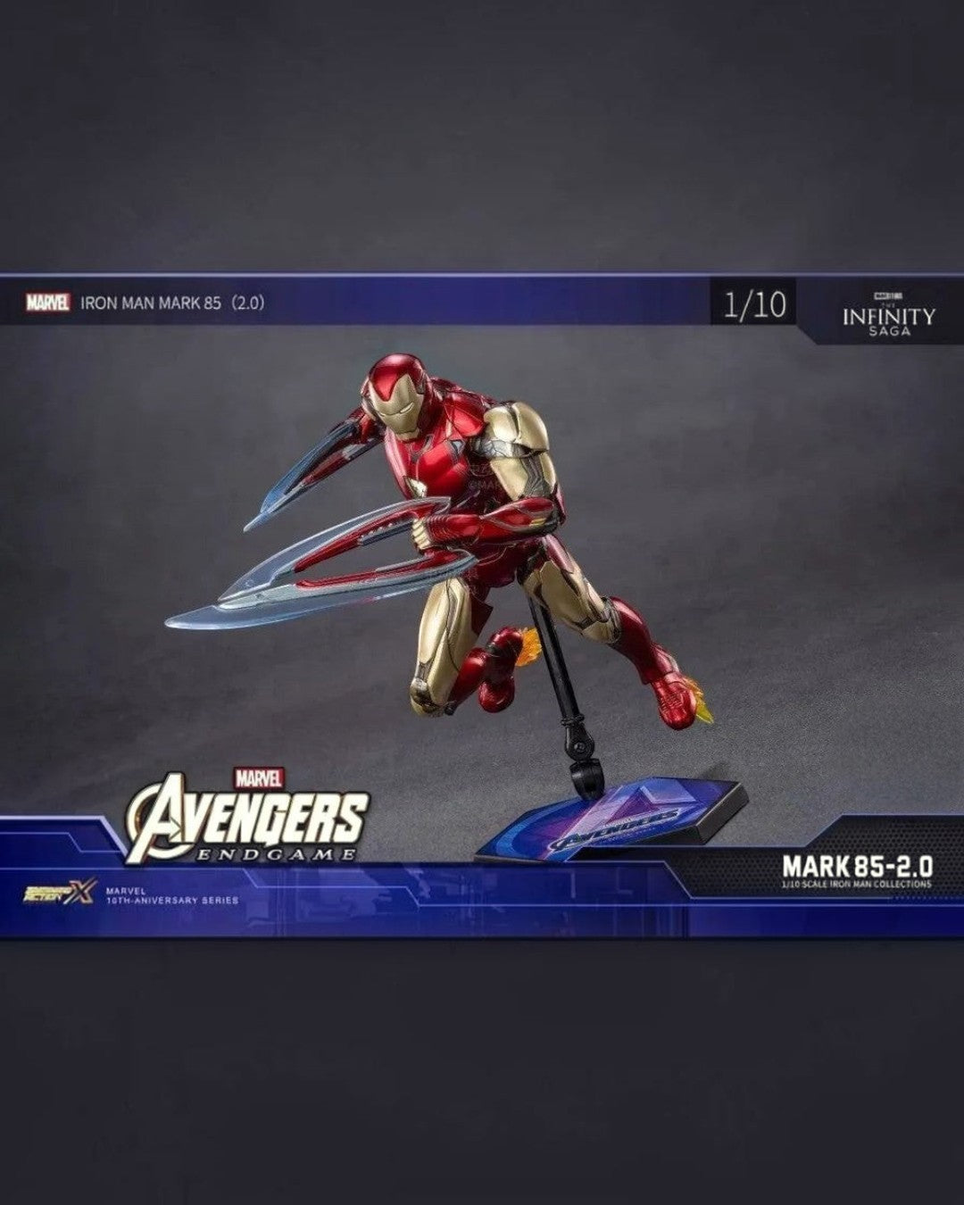VaultifyUK Iron Man MK85 2.0 1/10 scale figure in metallic red and gold armour with energy blades and display stand