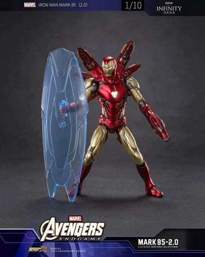 VaultifyUK Iron Man MK85 2.0 1/10 scale figure with metallic red and gold armor, LED chest, and energy shield accessory