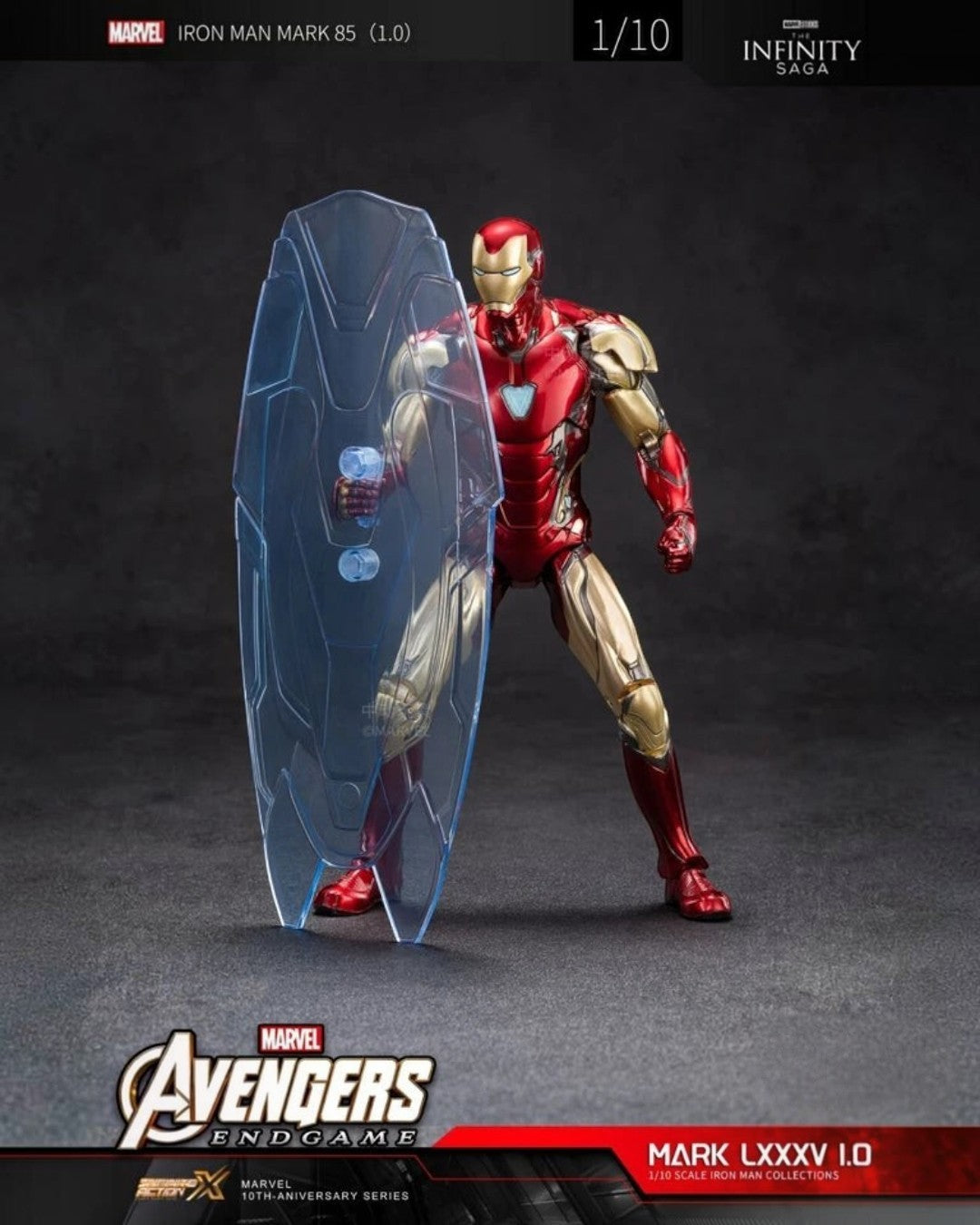 VaultifyUK Iron Man MK85 2.0 1/10 scale figure in metallic red and gold armour holding a translucent energy shield.