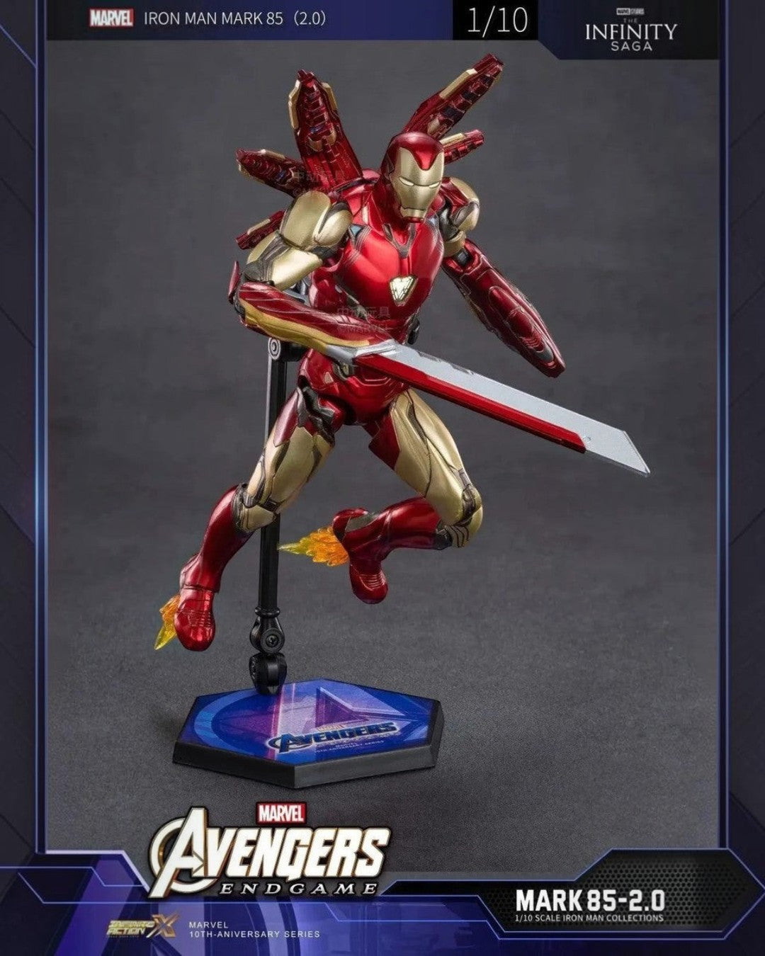 VaultifyUK Iron Man MK85 2.0 1/10 scale figure in metallic red and gold armour with LED light-up and energy blade