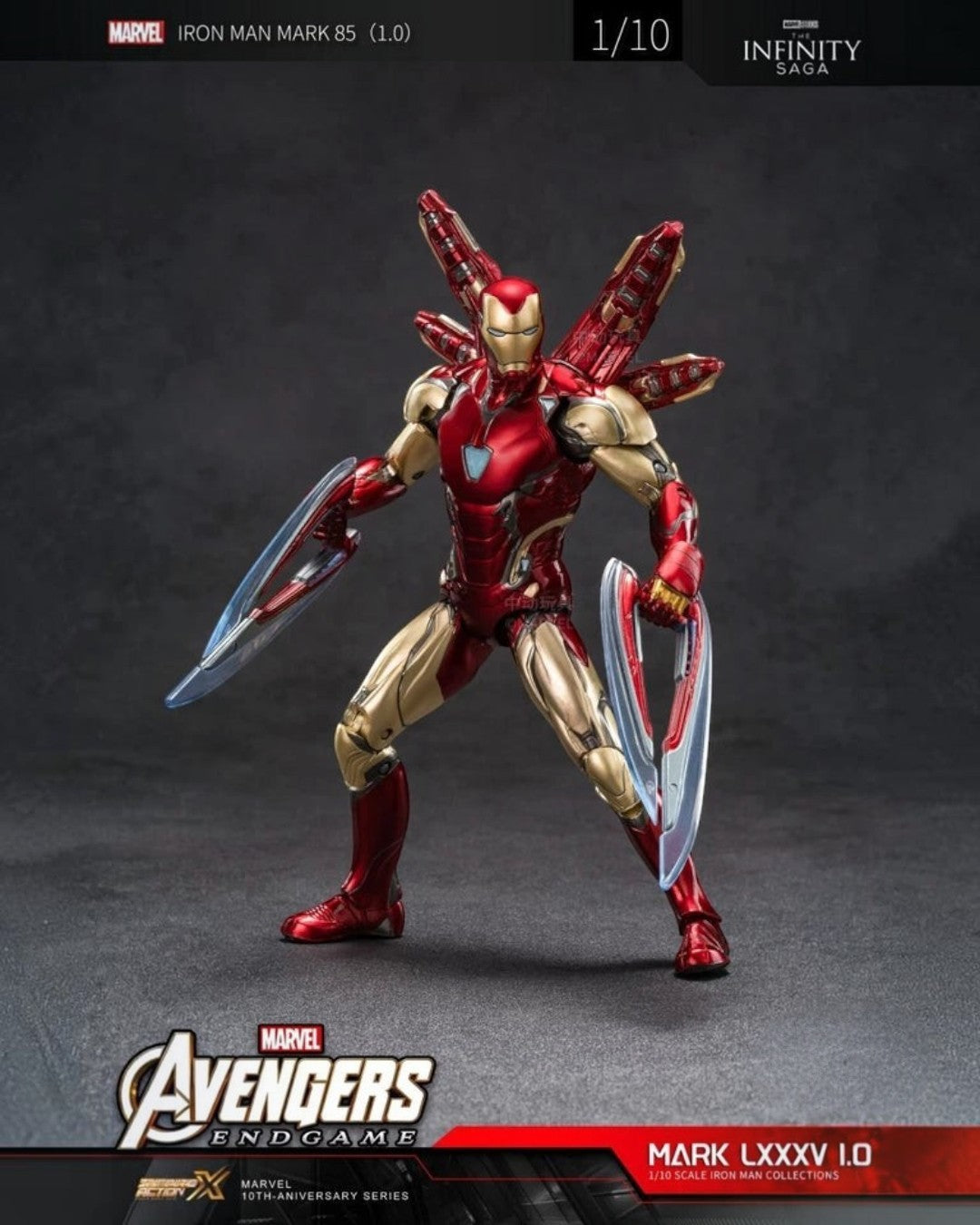 VaultifyUK Iron Man MK85 2.0 1/10 scale figure in metallic red and gold armour with energy blades and flight effects.