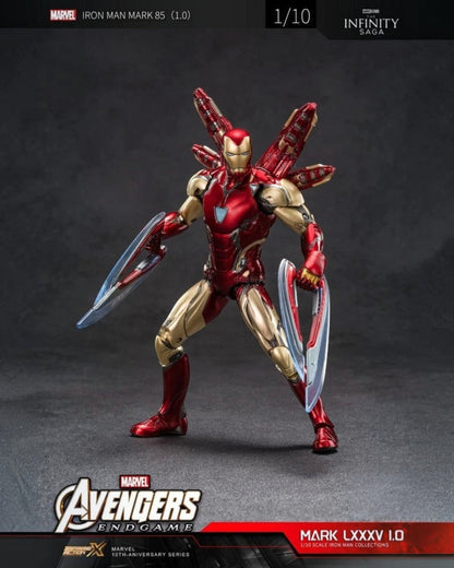 VaultifyUK Iron Man MK85 2.0 1/10 scale figure in metallic red and gold armour with energy blades and flight effects.