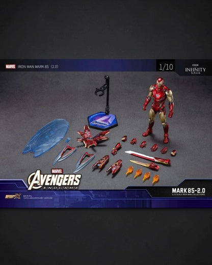 VaultifyUK Iron Man MK85 2.0 1/10 scale LED figure with metallic red and gold armor, energy blades, and display stand.