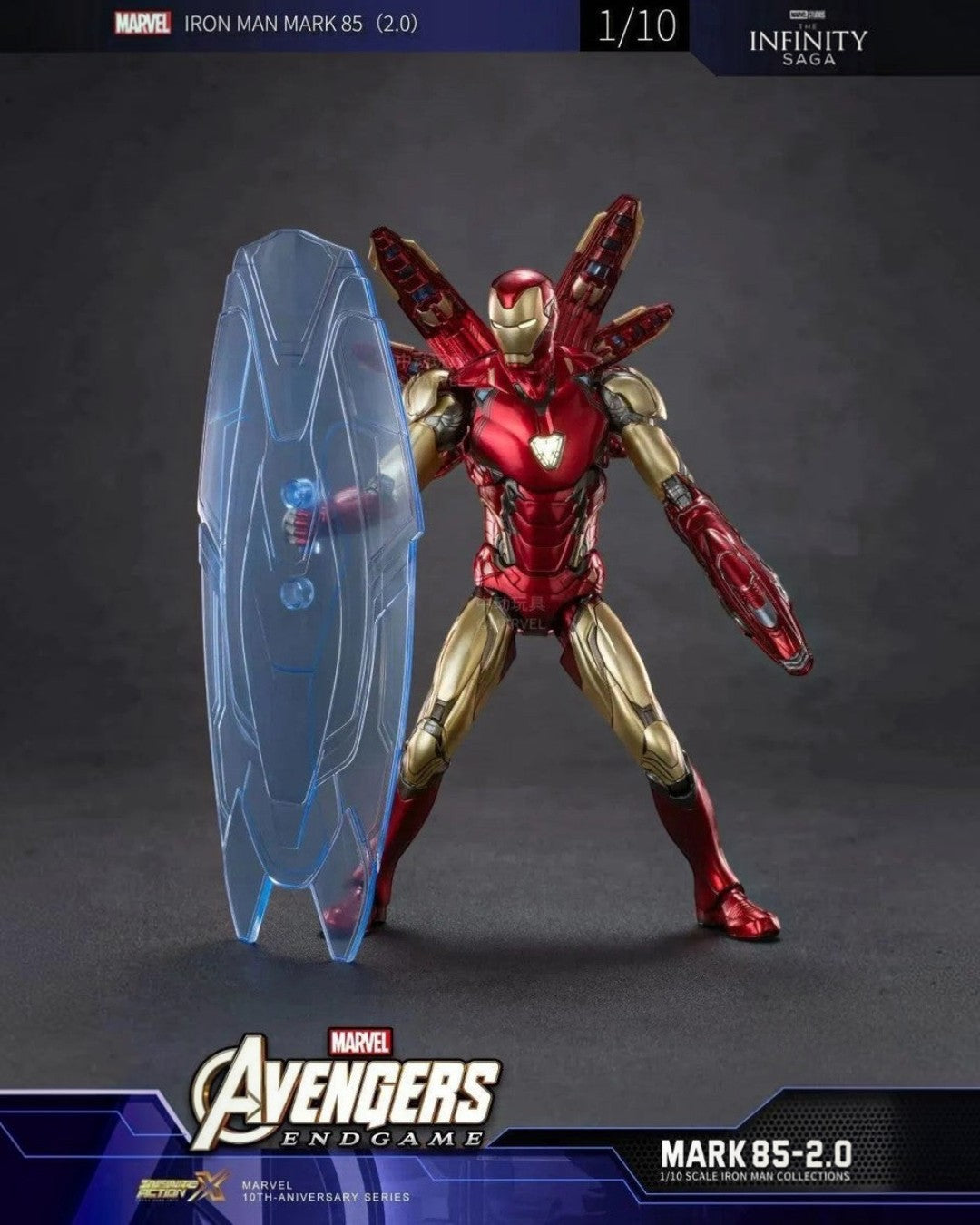 VaultifyUK Iron Man MK85 2.0 1/10 scale figure with metallic red and gold armor, LED chest, and energy shield accessory