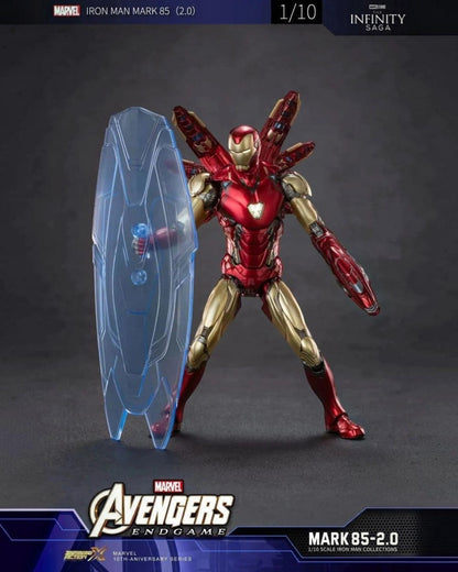 VaultifyUK Iron Man MK85 2.0 1/10 scale figure with metallic red and gold armor, LED chest, and energy shield accessory