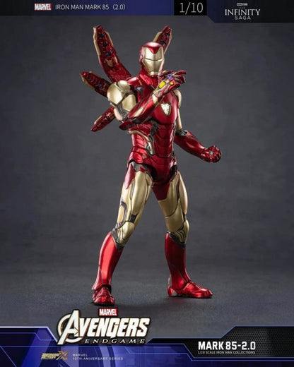 VaultifyUK Iron Man MK85 2.0 LED figure in metallic red and gold nanotech armour with Infinity Gauntlet accessory.