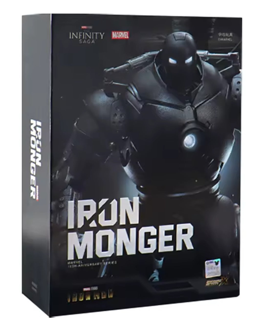 VaultifyUK ZD Toys Marvel Iron Monger 1/10 scale LED action figure in black industrial battlesuit packaging