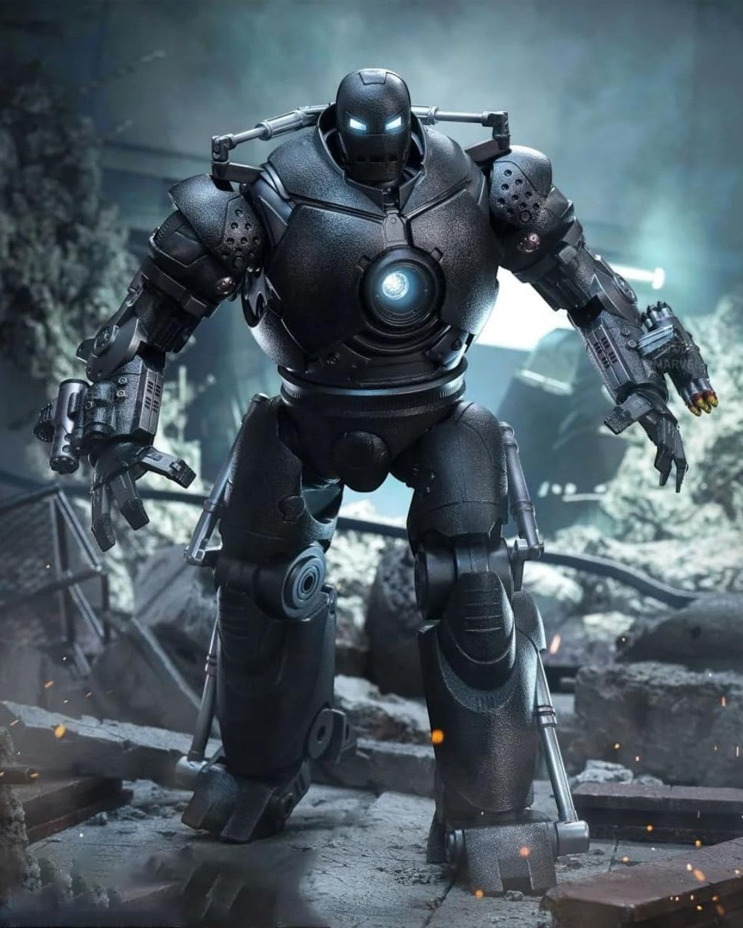 VaultifyUK ZD Toys Iron Monger 1/10 scale LED figure in a dark, textured metallic finish standing in a battle scene.
