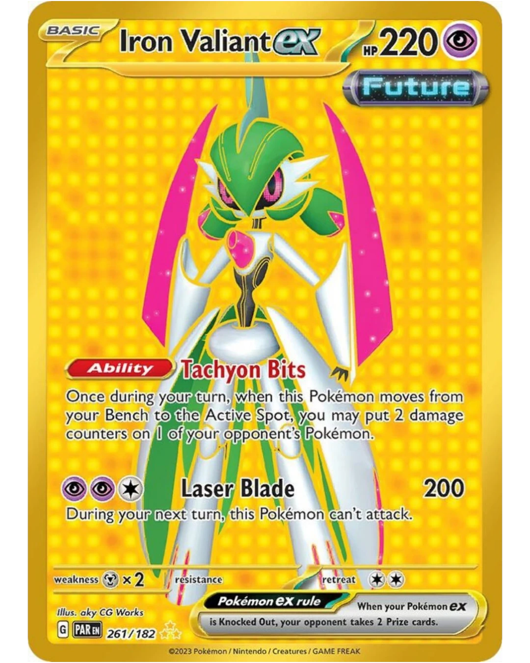 VaultifyUK Iron Valiant ex 261/182 gold hyper rare Pokémon card from the Paradox Rift set with textured finish