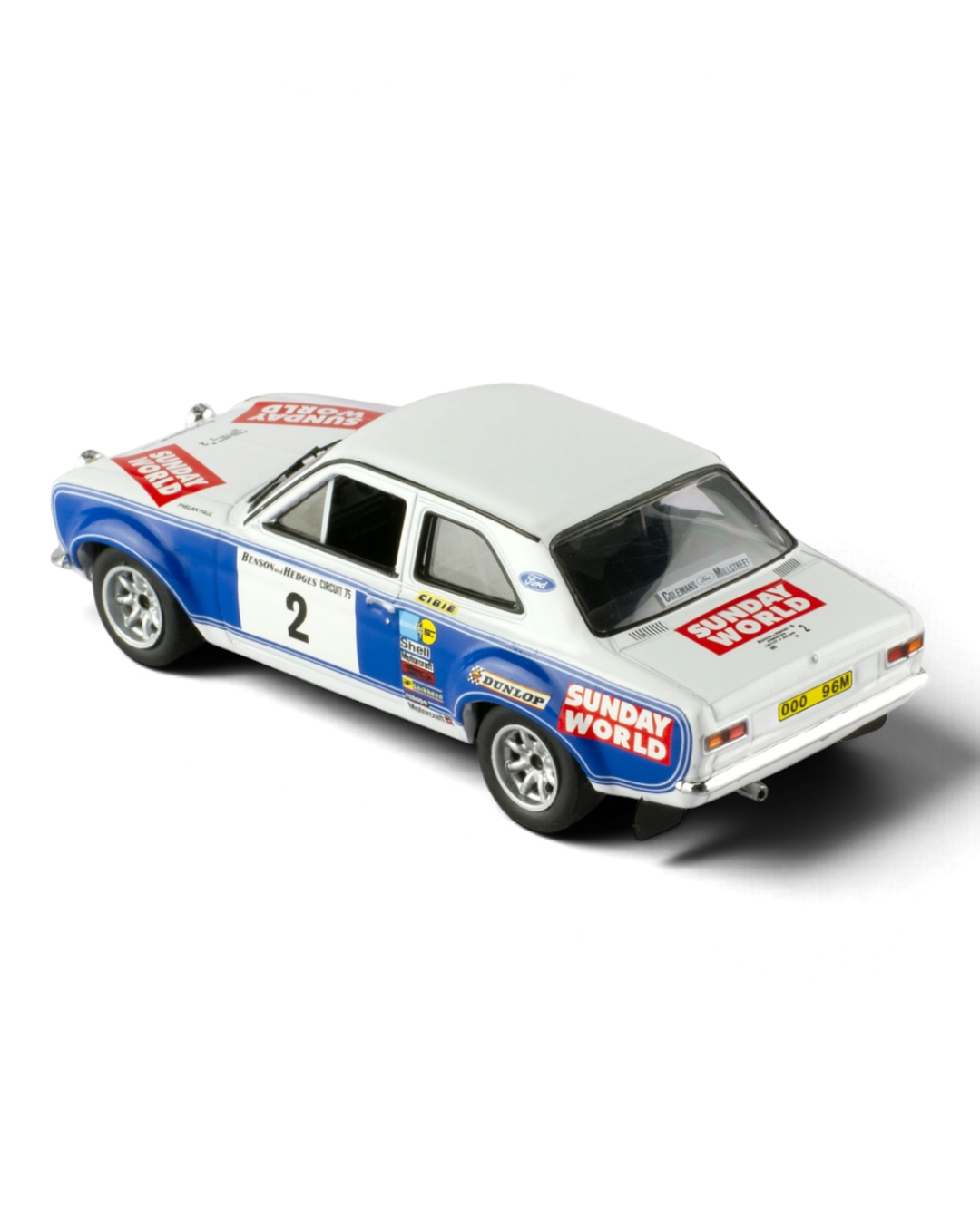 IXO 1:43 Ford Escort Mk1 RS1600 #2 Coleman/Phelan, 1975 Circuit of Ireland Rally winner, rear three-quarter view