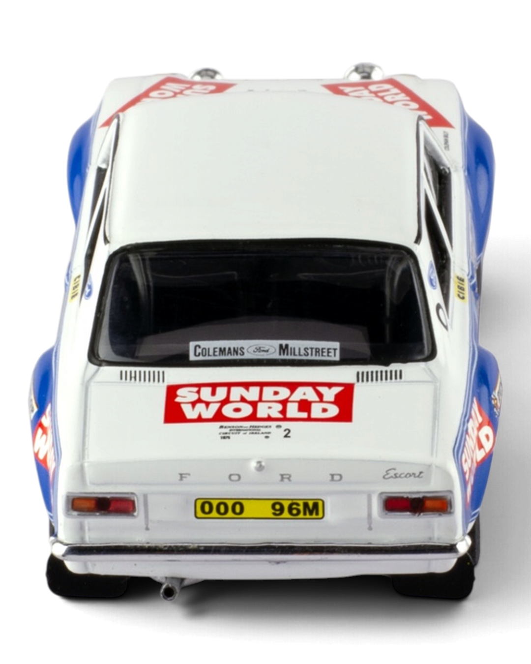 IXO 1:43 Ford Escort Mk1 RS1600 #2 Coleman/Phelan, 1975 Circuit of Ireland Rally winner, straight-on rear view
