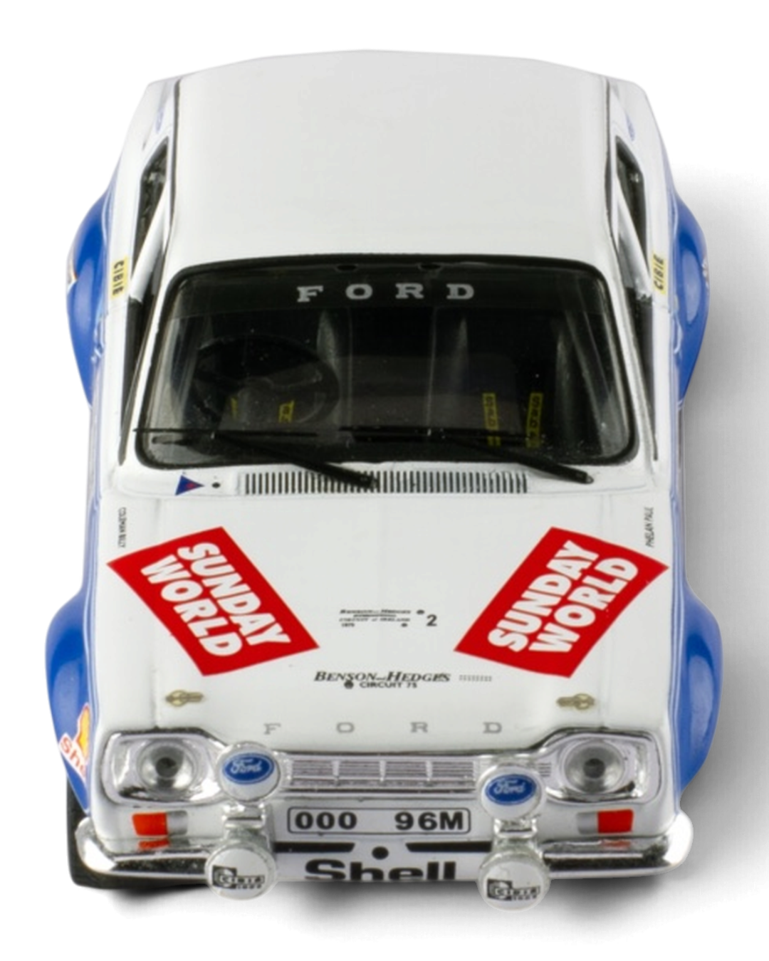 IXO 1:43 Ford Escort Mk1 RS1600 #2 Coleman/Phelan, 1975 Circuit of Ireland Rally winner, straight-on front view