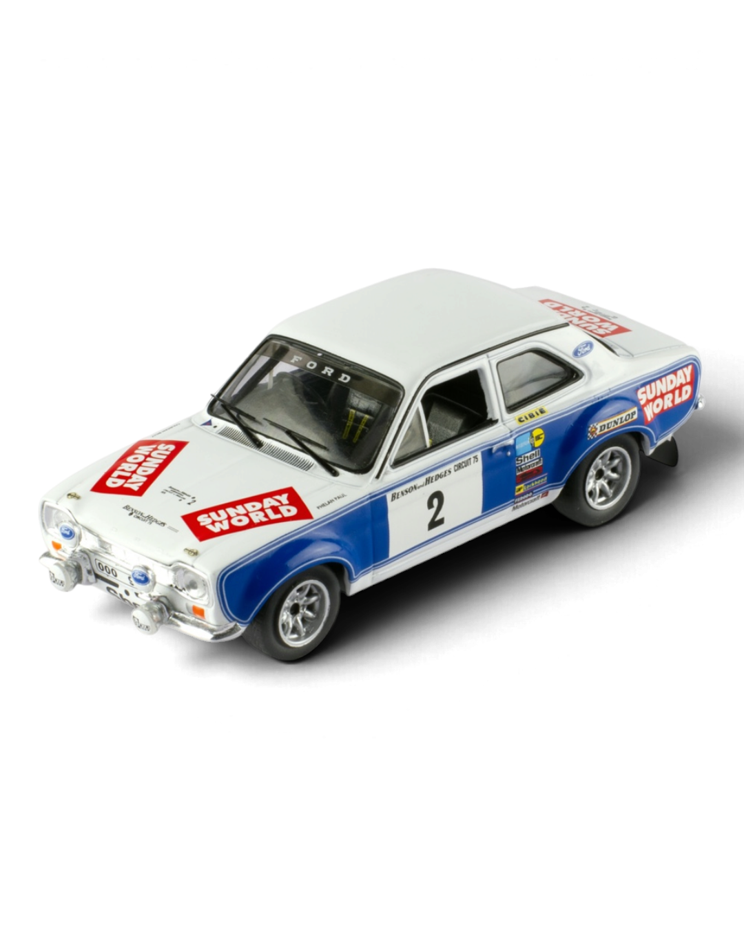 IXO 1:43 Ford Escort Mk1 RS1600 #2 Coleman/Phelan, 1975 Circuit of Ireland Rally winner, Sunday World livery